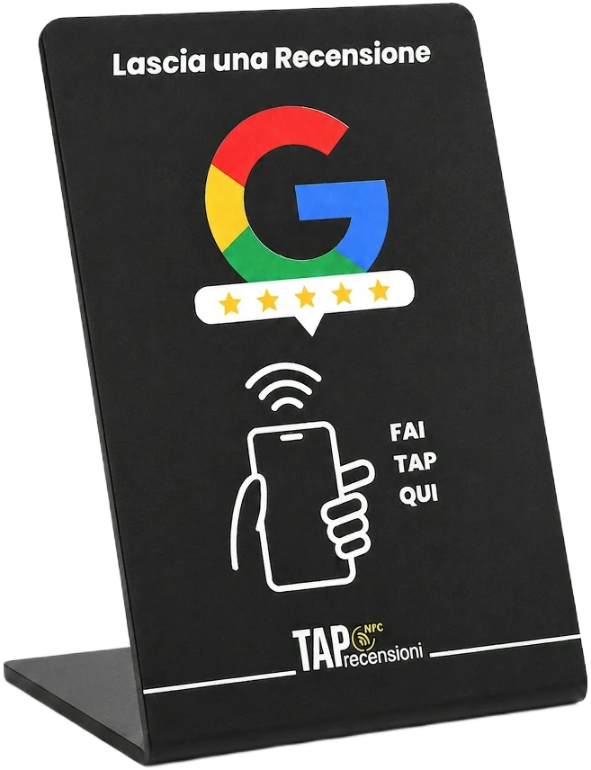 TapStand nero con logo Google, cinque stelle e scritta Fai tap qui